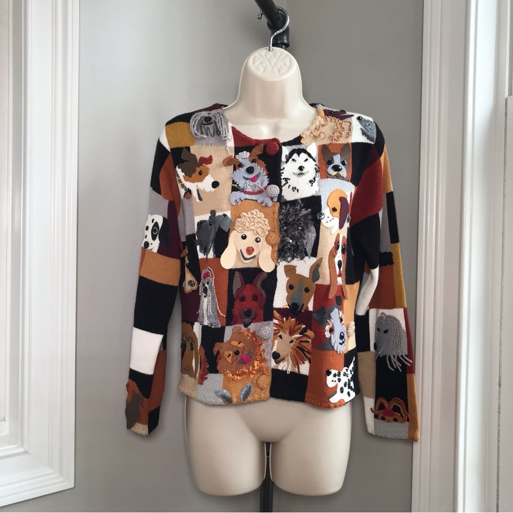 Michael Simon Dog Lovers Cardigan Sweater Beaded Crochet - Women’s Small EUC